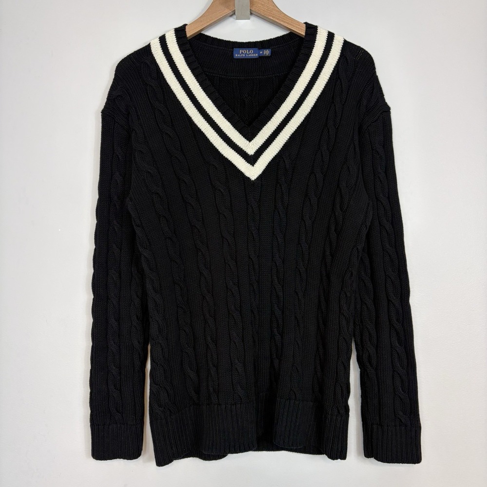 Polo Ralph Lauren Cricket Sweater Cable Knit Cotton V-Neck Mens Sz M Black White